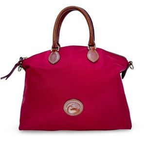 Dooney & Bourke Red Nylon Satchel Bag | Brown Leather Trim | Classic Duck Logo